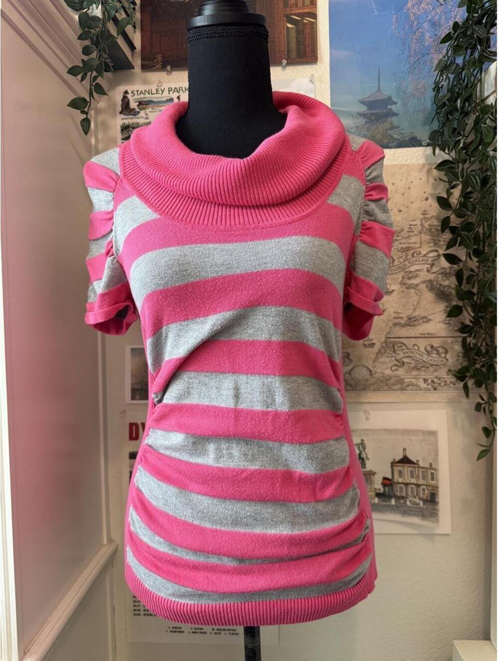 T/O Sweaters Hot Pink Gray Striped Cowl Neck Sweater Tunic